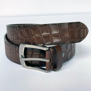 Elegant Handmade Genuine Leather Belt, Crocodile Pattern, The Ultimate Official Gift for Men- Color: Brown