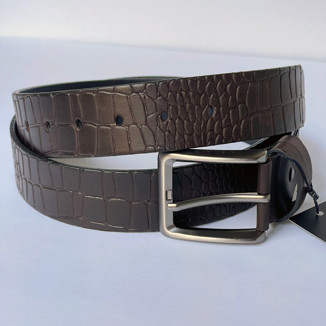 Elegant Handmade Genuine Leather Belt, Crocodile Pattern, The Ultimate Official Gift for Men- Color: Dark Brown