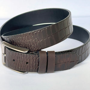 Elegant Handmade Genuine Leather Belt, Crocodile Pattern, The Ultimate Official Gift for Men- Color: Dark Brown