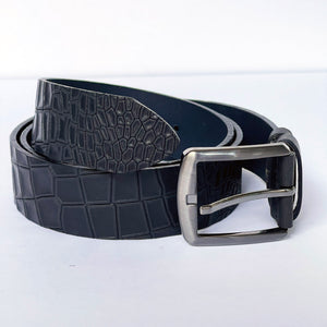 Elegant Handmade Genuine Leather Belt, Crocodile Pattern, The Ultimate Official Gift for Men- Color: Dark Navy