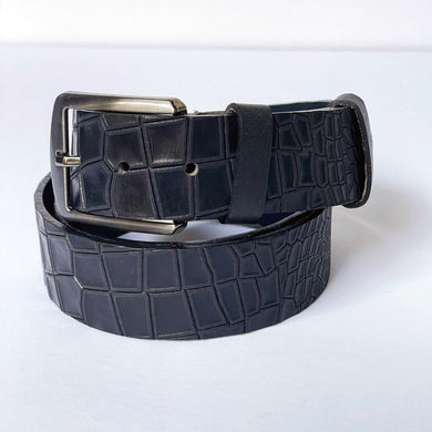 Elegant Handmade Genuine Leather Belt, Crocodile Pattern, The Ultimate Official Gift for Men- Color: Dark Navy