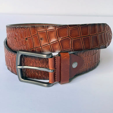 Elegant Handmade Genuine Leather Belt, Crocodile Pattern, The Ultimate Official Gift for Women or Men- Color: Brick