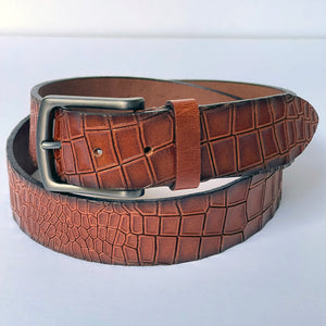 Elegant Handmade Genuine Leather Belt, Crocodile Pattern, The Ultimate Official Gift for Women or Men- Color: Brick