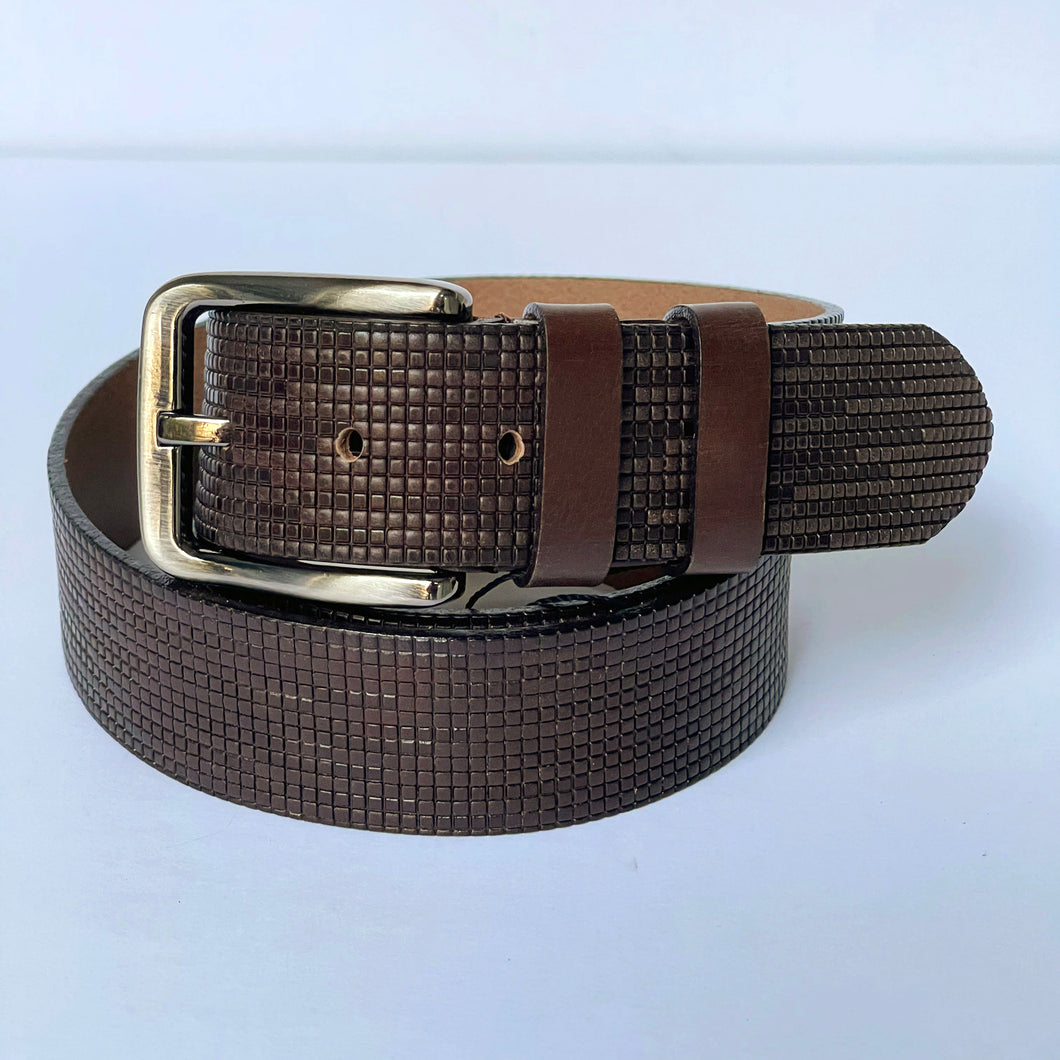 Elegant Handmade Genuine Leather Belt, Squares Pattern, The Ultimate Official Gift for Men- Color: Brown