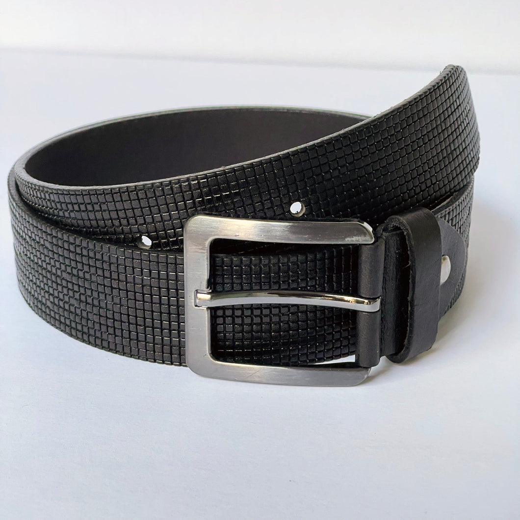 Elegant Handmade Genuine Leather Belt, Squares Pattern, The Ultimate Official Gift for Men- Color: Black