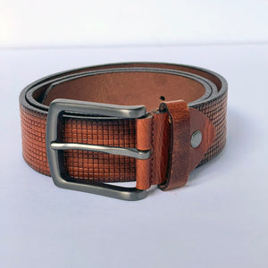 Elegant Handmade Genuine Leather Belt, Squares Pattern, The Ultimate Official Gift for Men & Women- Color: Brick-Size:32