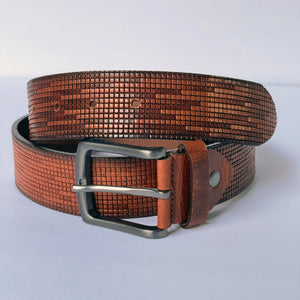 Elegant Handmade Genuine Leather Belt, Squares Pattern, The Ultimate Official Gift for Men & Women- Color: Brick-Size:32