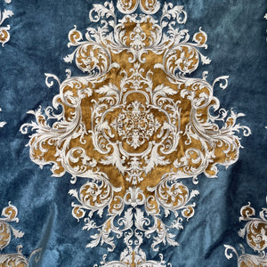 Imperial Medallion Pattern Velvet Upholstery Fabric - Perfect For Table Top and Cushion Covers - Buckingham Pattern (Golden Blue)