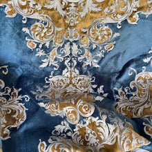 Load image into Gallery viewer, Imperial Medallion Pattern Velvet Upholstery Fabric - Perfect For Table Top and Cushion Covers - Buckingham Pattern (Golden Blue)