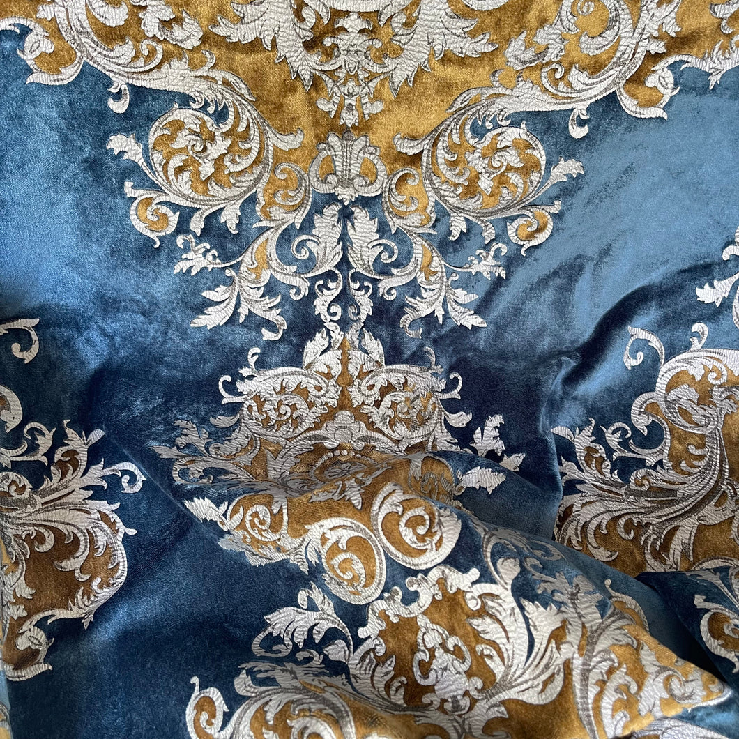 Imperial Medallion Pattern Velvet Upholstery Fabric - Perfect For Table Top and Cushion Covers - Buckingham Pattern (Golden Blue)