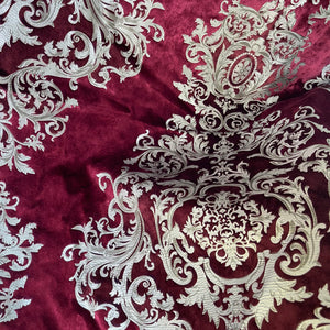 Imperial Medallion Pattern Velvet Upholstery Fabric - Perfect For Table Top and Cushion Covers - Buckingham Pattern (Ruby)