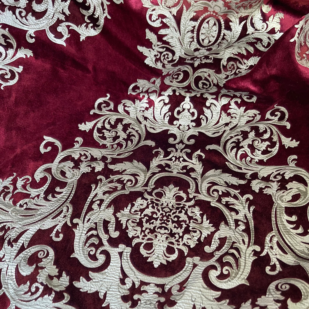 Imperial Medallion Pattern Velvet Upholstery Fabric - Perfect For Table Top and Cushion Covers - Buckingham Pattern (Ruby)