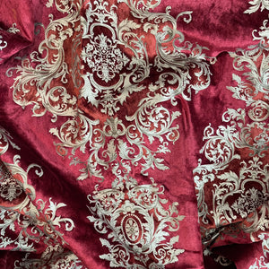 Imperial Medallion Pattern Velvet Upholstery Fabric - Perfect For Table Top and Cushion Covers - Buckingham Pattern (Ruby)