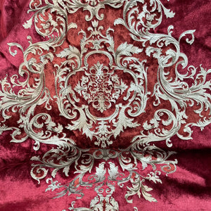 Imperial Medallion Pattern Velvet Upholstery Fabric - Perfect For Table Top and Cushion Covers - Buckingham Pattern (Ruby)