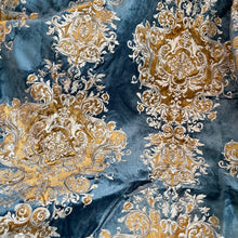 Load image into Gallery viewer, Imperial Medallion Pattern Velvet Upholstery Fabric - Perfect For Table Top and Cushion Covers - Buckingham Pattern (Golden Blue)