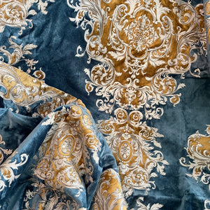 Imperial Medallion Pattern Velvet Upholstery Fabric - Perfect For Table Top and Cushion Covers - Buckingham Pattern (Golden Blue)