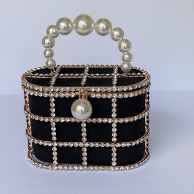 Fashion Diamond Jewel Cage Bucket Bag with Pearl Handle and Buckle, Rhinestone Evening Bag