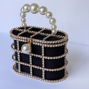 Fashion Diamond Jewel Cage Bucket Bag with Pearl Handle and Buckle, Rhinestone Evening Bag