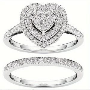 Bling-bling Stack Paved Solitaire Open Rings With Heart-shaped Shiny Rhinestone Inlaid, Romantic Luxury Jewelry Suit