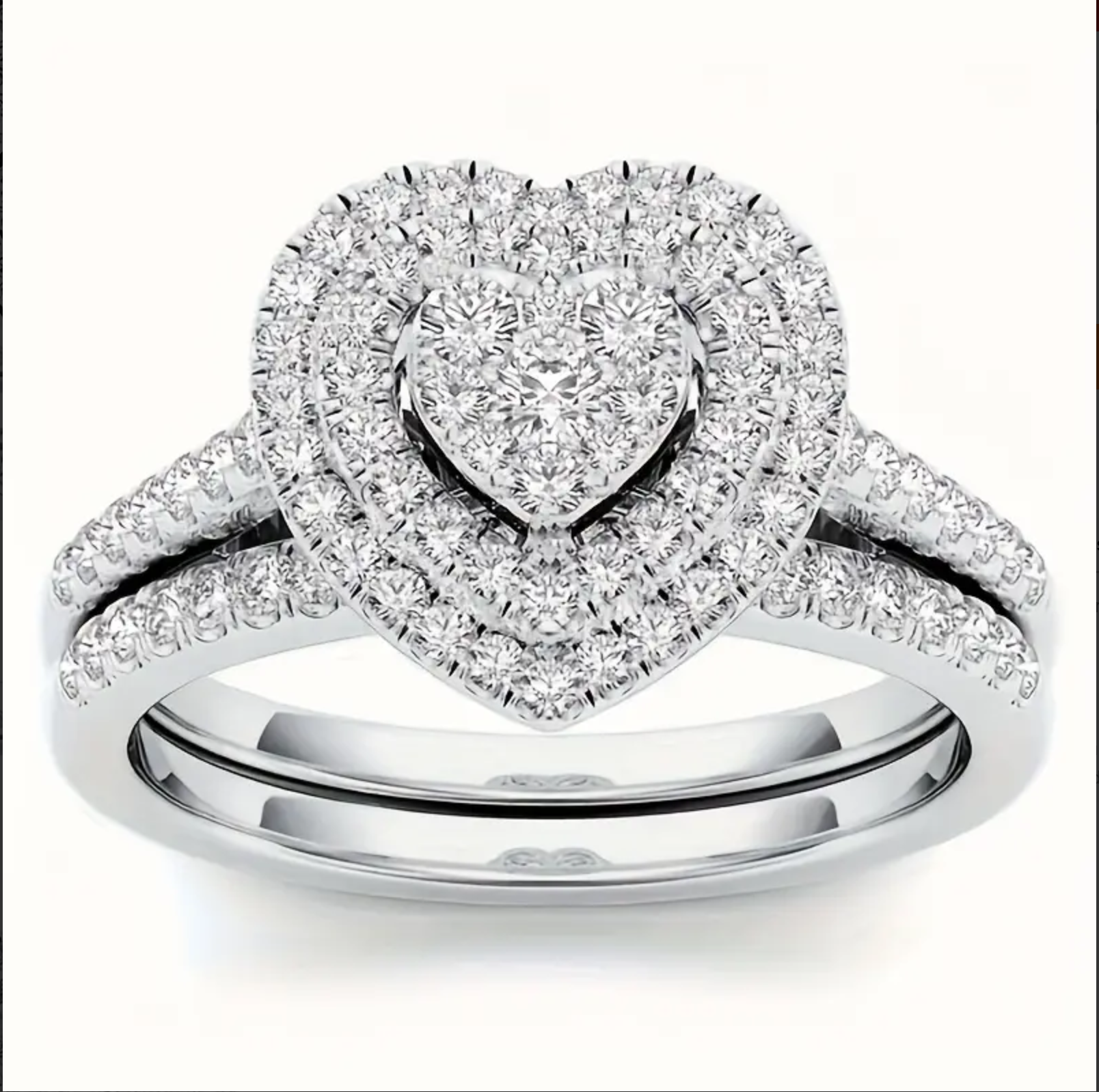 Bling-bling Stack Paved Solitaire Open Rings With Heart-shaped Shiny Rhinestone Inlaid, Romantic Luxury Jewelry Suit