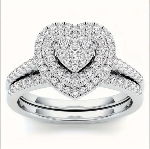 Bling-bling Stack Paved Solitaire Open Rings With Heart-shaped Shiny Rhinestone Inlaid, Romantic Luxury Jewelry Suit