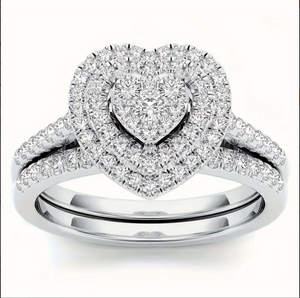 Bling-bling Stack Paved Solitaire Open Rings With Heart-shaped Shiny Rhinestone Inlaid, Romantic Luxury Jewelry Suit