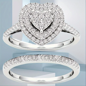 Bling-bling Stack Paved Solitaire Open Rings With Heart-shaped Shiny Rhinestone Inlaid, Romantic Luxury Jewelry Suit