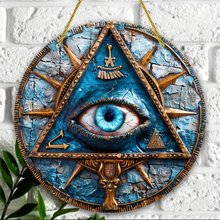 Load image into Gallery viewer, Eye Of The Pyramid Sign, Mystical Aesthetic Art, Ancient Cultures Circular Aluminum Sign With Wreath Center Accent