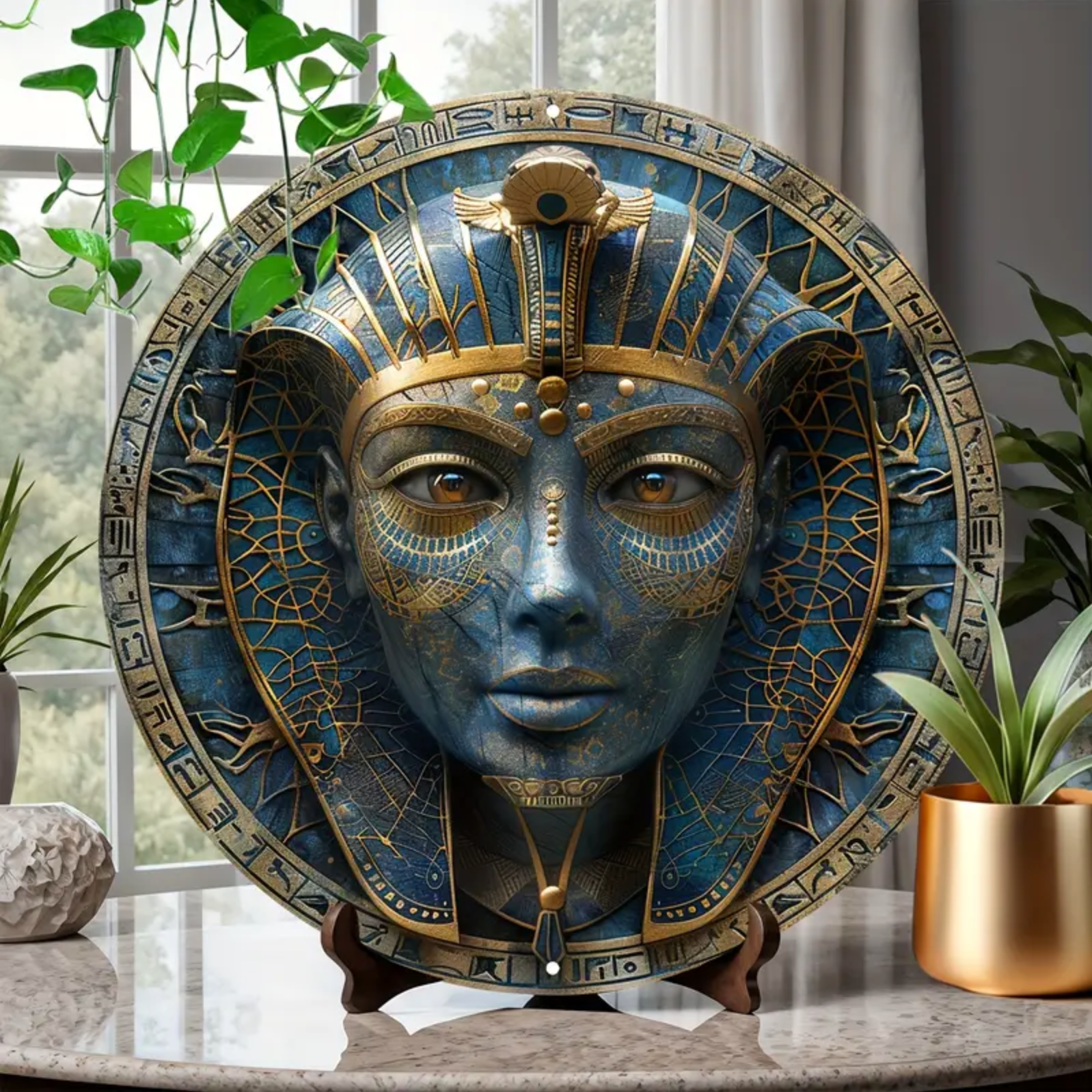 Egyptian Pharaoh Mask Round Aluminum Sign 8x8 Inch - Decorative Ancient Egypt Themed Metal Plaque for Door, Wall Art