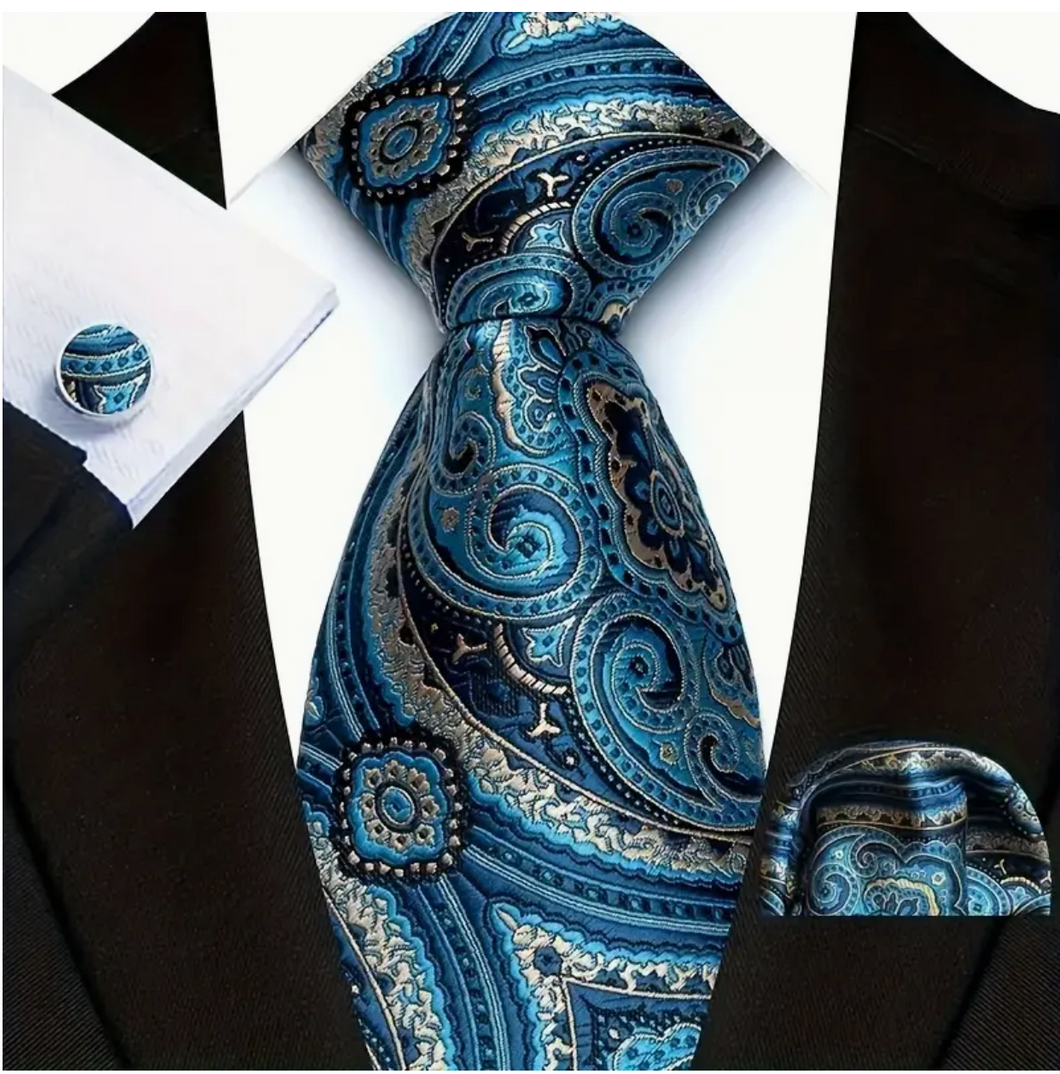 Mens Luxury Fashion Necktie Set - Classic Striped/Floral Pattern with Cufflinks & Pocket Square