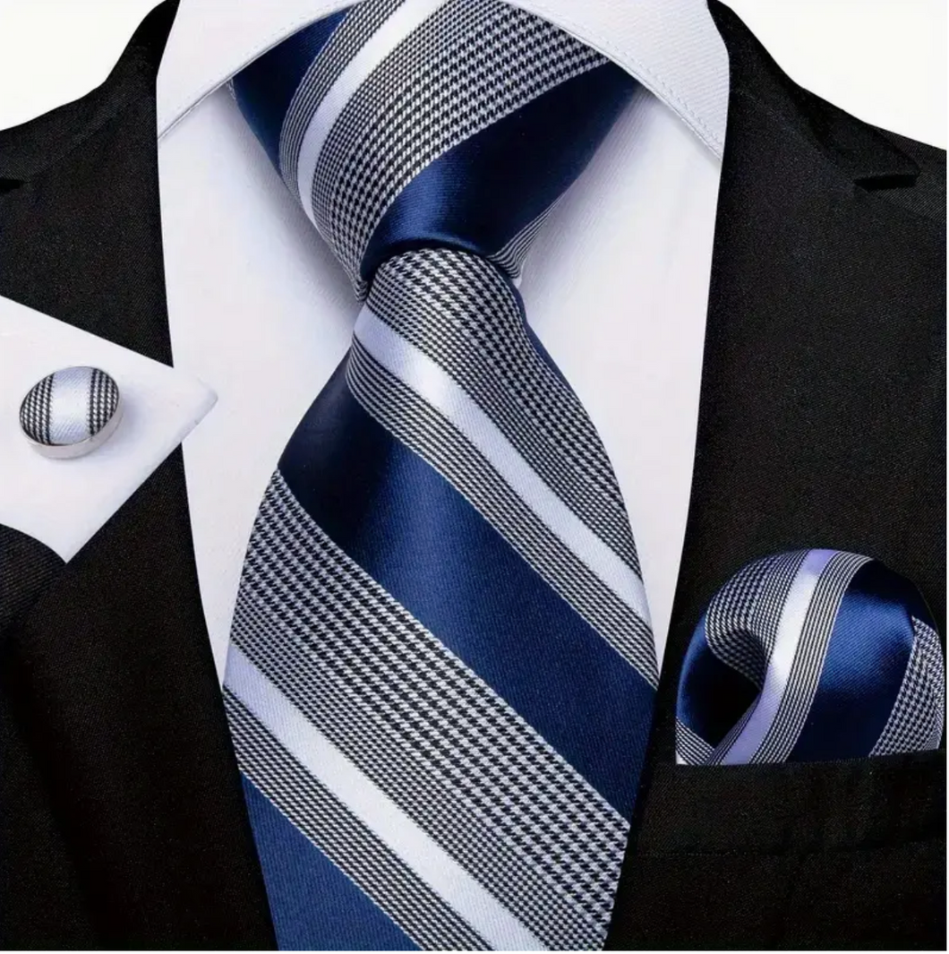 Sophisticated Men's Woven Striped Tie, Cufflink & Handkerchief Set - Perfect for Business, Parties & Gifting