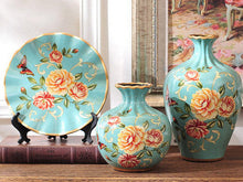 Load image into Gallery viewer, Rose Meadow 3-Piece Ceramic Vase Set – Elegant Ocean Blue Ceramic Vases with Hand-Painted Rose and Butterfly Design