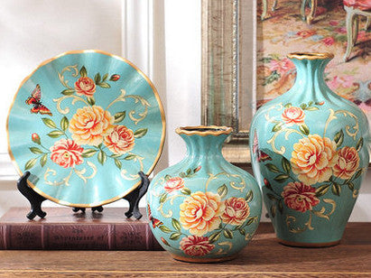 Rose Meadow 3-Piece Ceramic Vase Set – Elegant Ocean Blue Ceramic Vases with Hand-Painted Rose and Butterfly Design