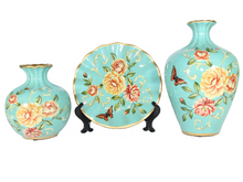 Load image into Gallery viewer, Rose Meadow 3-Piece Ceramic Vase Set – Elegant Ocean Blue Ceramic Vases with Hand-Painted Rose and Butterfly Design