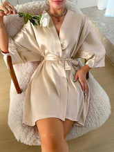 Load image into Gallery viewer, Three Quarter Sleeve Elegant Solid Satin Night Robes - Soft, Comfy, Belted Loungewear for Women - M