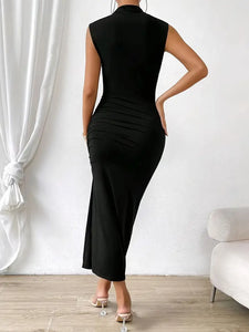 Chic Black Dacron Mock Neck Ruched Sleeveless Midi Dress with Flattering Split - A Fashion-Forward Statement for Women, Size: L