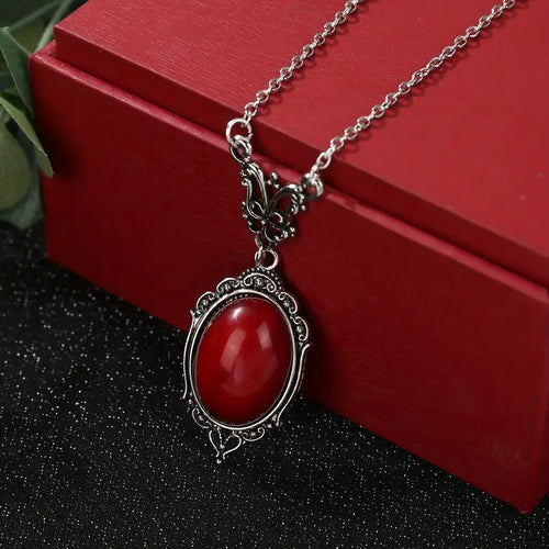 Vintage Gothic Red Crystal Cameo Pendant Necklace, Gothic Style Pendant For Women