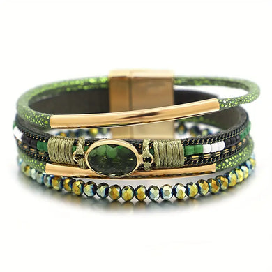 Vintage-Inspired Bohemian Braided PU Leather Wrap Bracelet - Adorned with Artificial Crystal Gemstones For Women