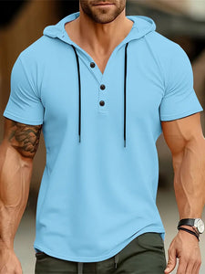 Men's Short Sleeve Henley Top - Stylish Hooded, Solid Color, Classic Neck, Casual and Chic Design - L