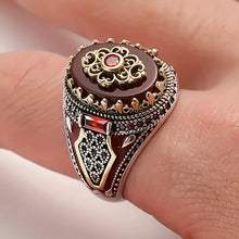 Load image into Gallery viewer, Vintage-Inspired Silvery Crown Men&#39;s Punk Ring - Engraved Eagle Print, Red Synthetic Gemstones