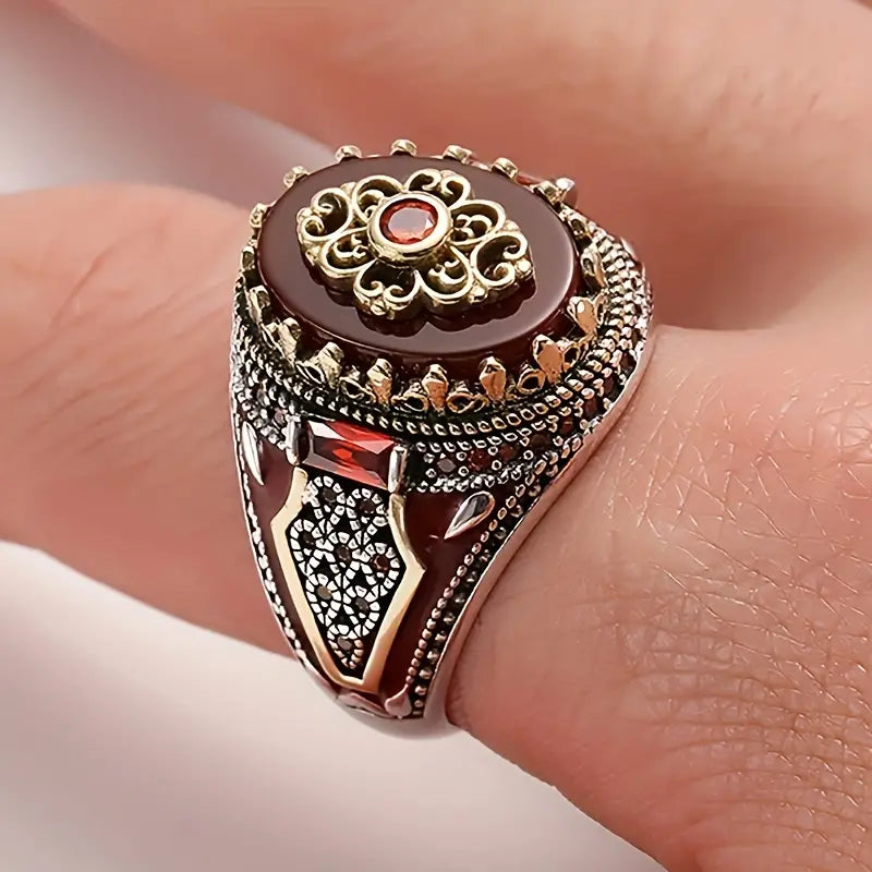 Vintage-Inspired Silvery Crown Men's Punk Ring - Engraved Eagle Print, Red Synthetic Gemstones