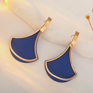 Elegant Enamel Fan-Shaped Hollow Drop Earrings, Blue & 14K Gold Plated Layered Color Block