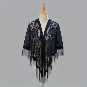 Flower Embroidery Triangle Tassel Scarf Solid Color Hollow Shawl Outdoor Sunscreen Travel Head Wrap