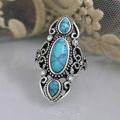 Radiant Turquoise Golden Stone Ring - Intricately Carved, Timeless Vintage Style - Exquisite and Creative Design