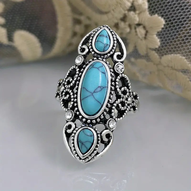 Radiant Turquoise Golden Stone Ring - Intricately Carved, Timeless Vintage Style - Exquisite and Creative Design