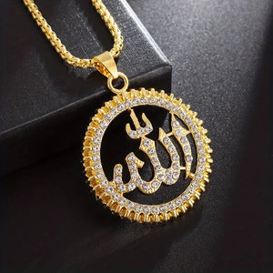 Religious Allah Inlaid Zirconia Shiny Pendant Necklace For Men & Women, Amulets Jewelry Accessories