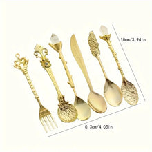 Load image into Gallery viewer, Vintage Royal Style Dessert Cutlery Set, Stainless Steel Gold Carved, Mini Spoons &amp; Fork