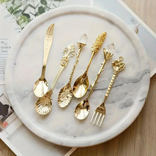 Load image into Gallery viewer, Vintage Royal Style Dessert Cutlery Set, Stainless Steel Gold Carved, Mini Spoons &amp; Fork