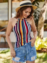 Load image into Gallery viewer, Striped Spaghetti Strap Top, Vacation Style Sleeveless Slim Fit Top For Spring &amp; Summer- Size: M