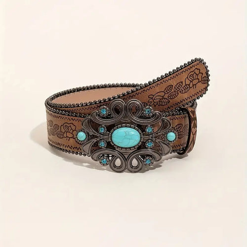 Boho Chic Flower Buckle Belt – Vintage Faux-Leather Waistband for Festive to Casual Outfits for Women